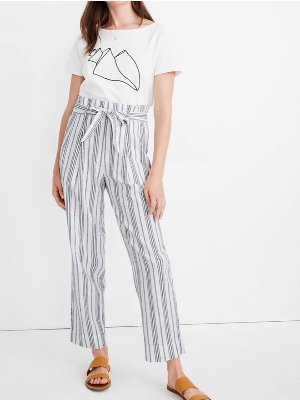 Madewell Striped Paperbag Waist Linen-Blend Pants - White/Gray Size 0